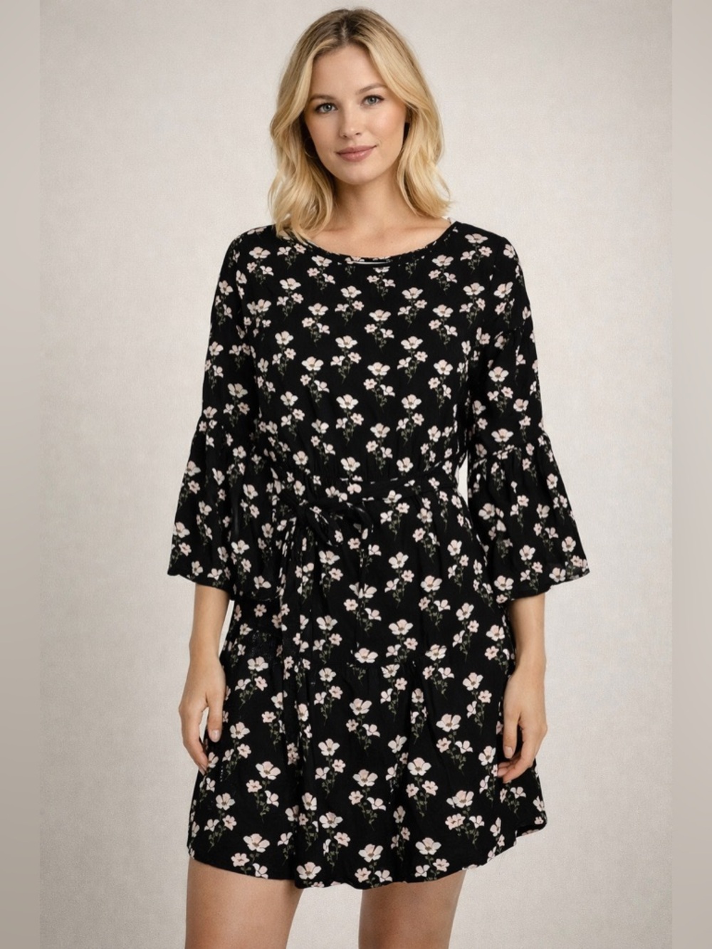 GAP NWT Sz S Black Floral Bell Sleeve Tie Waist Lined Career Casual Dress